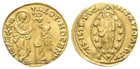 Italien. Venedig. Alvise II Mocenigo (1700 - 1709).

 Zecchino (Gold).
Vs: Knieender Doge empfängt Banner von St. Markus.
Rs: Christus zwischen 16...
