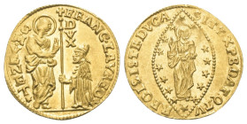 Italien. Venedig. Francesco Loredan (1752 - 1762).

 Zecchino (Gold). Ohne Jahr.
Vs: Knieender Doge empfängt Banner von Heiligem Markus. FRANC LAVR...