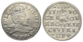 Polen. Riga - Stadt. Sigismund III. (1587 - 1621).

 Dreigröscher (Silber). 1590. Riga.
Vs: Gekrönter Kopf mit Harnisch- und Mühlsteinkragen nach r...