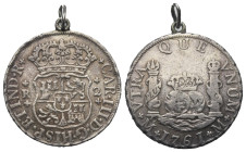 Spanien. Königreich. Karl III. (1759 - 1788).

 1/2 Real (Silber). 1761. Mexico.
Vs: CAR III D G HISPAN ET IND R. Bekröntes Wappen; Rosetten flanki...