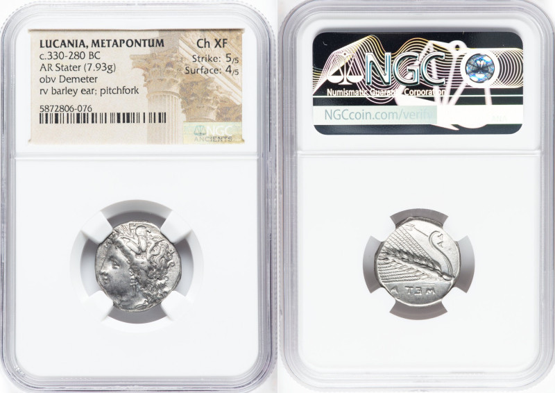 LUCANIA. Metapontum. Ca. 330-280 BC. AR stater (20mm, 7.93 gm, 10h). NGC Choice ...