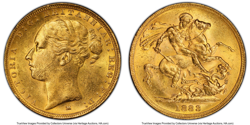 Victoria gold "St. George" Sovereign 1883-M MS62 PCGS, Melbourne mint, KM7, S-38...