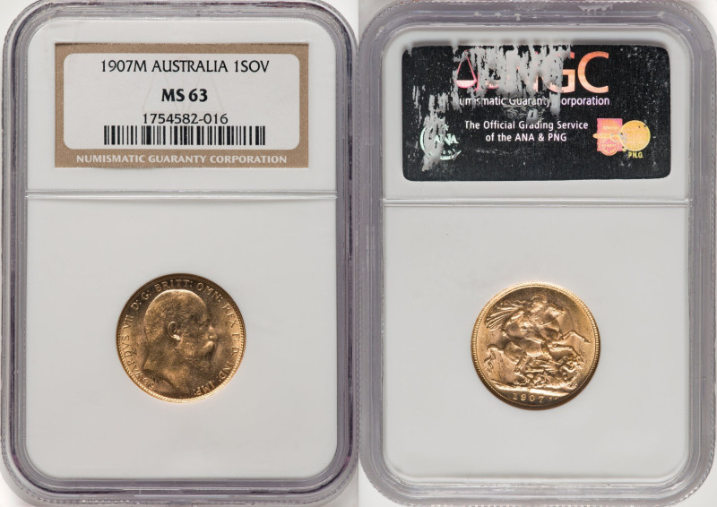 Edward VII gold Sovereign 1907-M MS63 NGC, Melbourne mint, KM15, S-3971. HID0980...