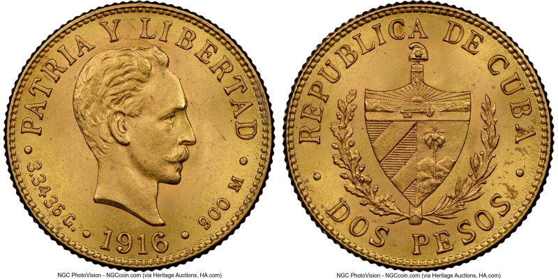 Republic gold 2 Pesos 1916 MS64+ NGC, Philadelphia mint, KM17, Fr-4. HID09801242...