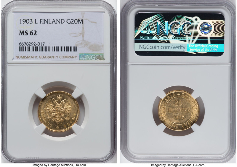 Russian Duchy. Nicholas II gold 20 Markkaa 1903-L MS62 NGC, Helsinki mint, KM9.2...