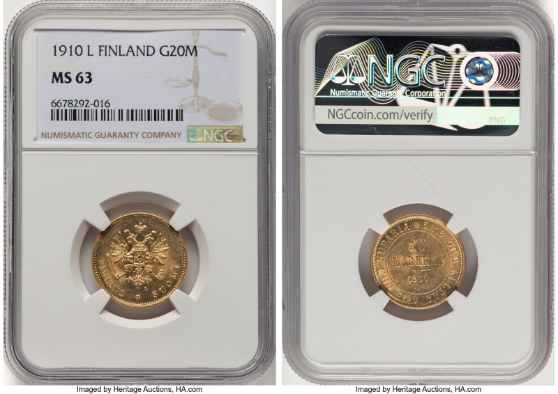 Russian Duchy. Nicholas II gold 20 Markkaa 1910-L MS63 NGC, Helsinki mint, KM9.2...