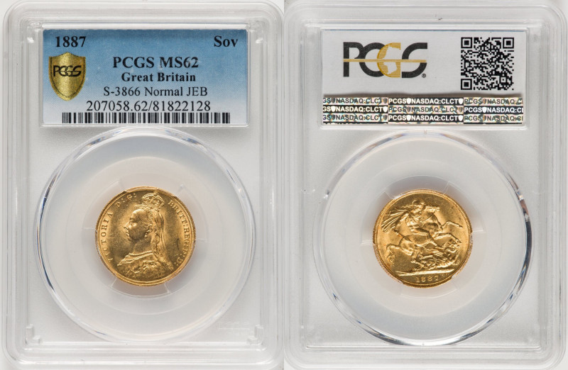 Victoria gold "Jubilee Head" Sovereign 1887 MS62 PCGS, KM767, S-3866. Normal JEB...