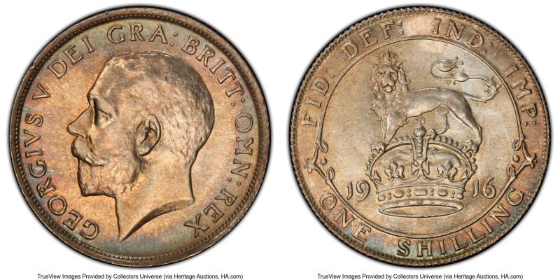 George V Shilling 1916 MS65 PCGS, KM816, S-4013. Iridescent turquoise and peach ...