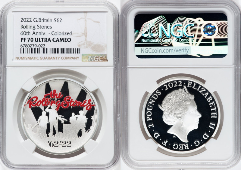 Elizabeth II silver Proof Colorized "Rolling Stones" 2 Pounds (1 oz) 2022 PR70 U...