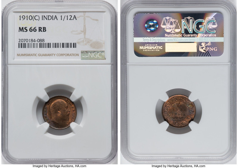 British India. Edward VII 1/12 Anna 1910-C MS66 Red and Brown NGC, Calcutta mint...