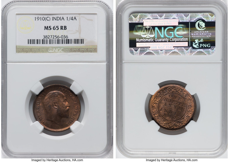 British India. Edward VII 1/4 Anna 1910-C MS65 Red and Brown NGC, Calcutta mint,...