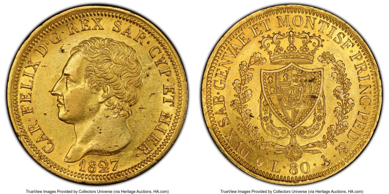 Sardinia. Carlo Felice gold 80 Lire 1827 (Anchor)-P (b) AU55 PCGS, Genoa mint, K...