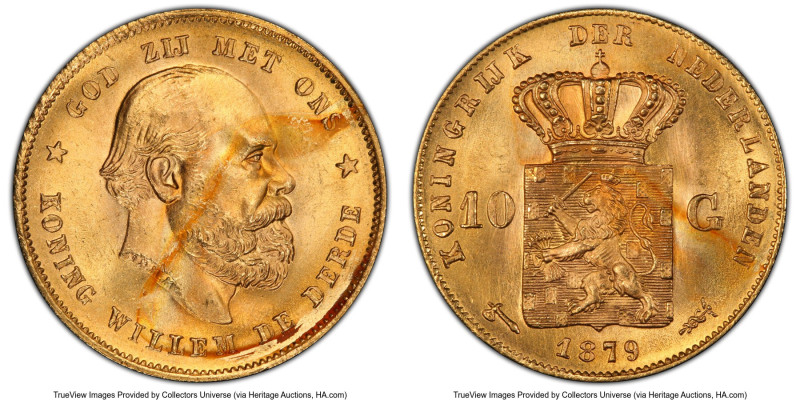 Willem III gold 10 Gulden 1879 MS65 PCGS, Utrecht mint, KM106, Fr-342. HID098012...