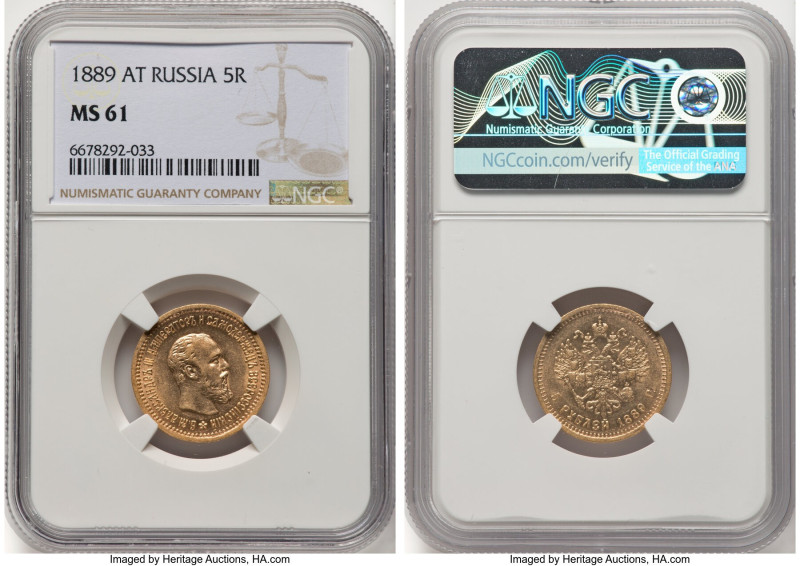 Alexander III gold 5 Roubles 1889-AГ MS61 NGC, St. Petersburg mint, KM-Y42, Fr-1...