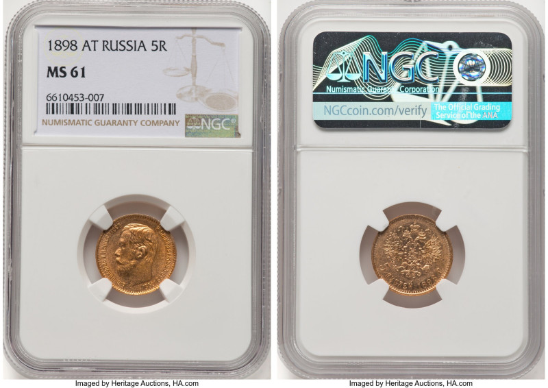 Nicholas II gold 5 Roubles 1898-AГ MS61 NGC, St. Petersburg mint, KM-Y62, Fr-180...