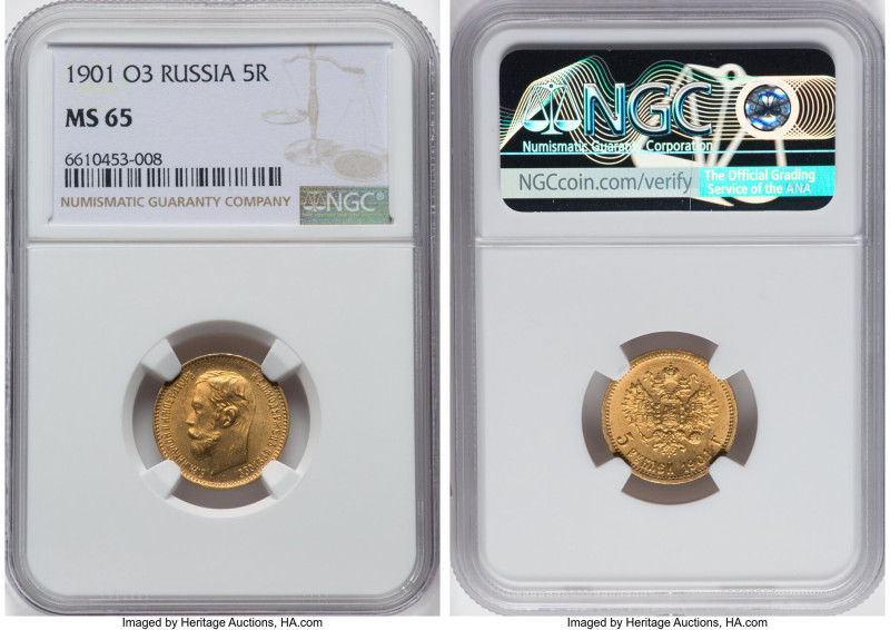 Nicholas II gold 5 Roubles 1901-ФЗ MS65 NGC, St. Petersburg mint, KM-Y62, Fr-180...