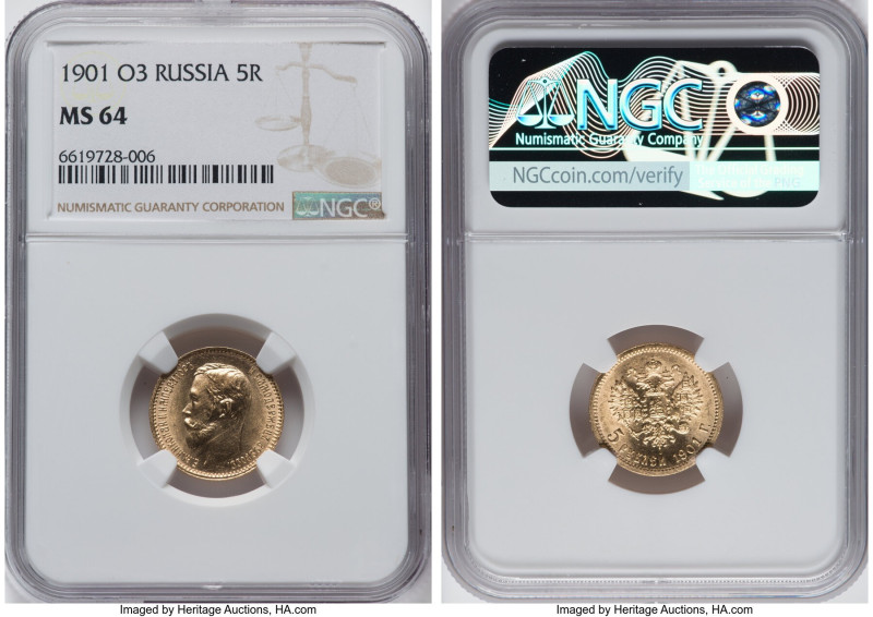 Nicholas II gold 5 Roubles 1901-ФЗ MS64 NGC, St. Petersburg mint, KM-Y62, Fr-180...