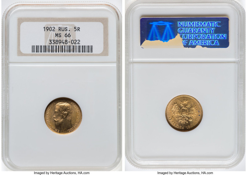 Nicholas II gold 5 Roubles 1902-AP MS66 NGC, St. Petersburg mint, KM-Y62, Fr-180...