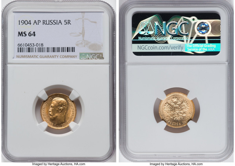 Nicholas II gold 5 Roubles 1904-AP MS64 NGC, St. Petersburg mint, KM-Y62, Fr-180...