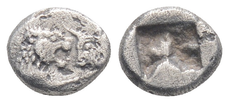 Lydia, Croesus; 565-546 BC, 1/12 Stater, 0.42g. 7, mm. Obv: Confronted foreparts...