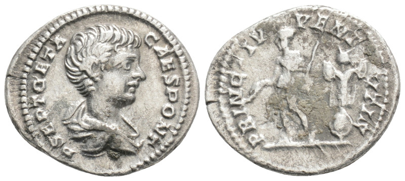 Roman Empire, Geta (Caesar) 198-208, Denarius, 2,9 g: 20,1 mm. Obv: Bust of Geta...