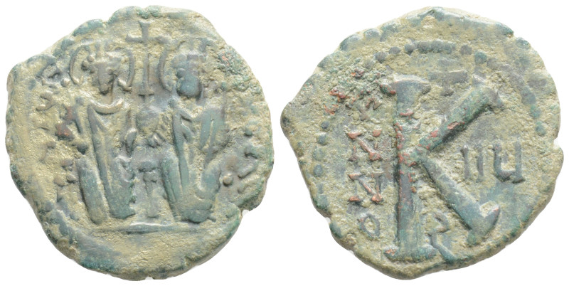 Justin II, with Sophia, Æ 20 Nummi. Thessalonica, dated RY 12 = AD 576/7, 6,9 g....