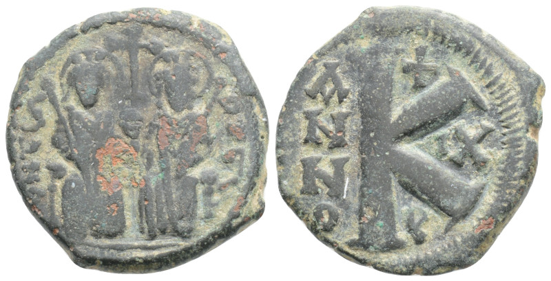 Justin II, with Sophia, Æ 20 Nummi. Thessalonica, dated RY 12 = AD 576/7,7,3 g. ...