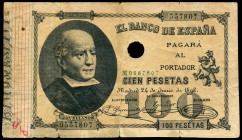 100 pesetas. 1898. Madrid. (Ed 2017-305). (Ed 2002-B89). 24 de junio, Jovellanos. Taladro central. BC+. Est...250,00.