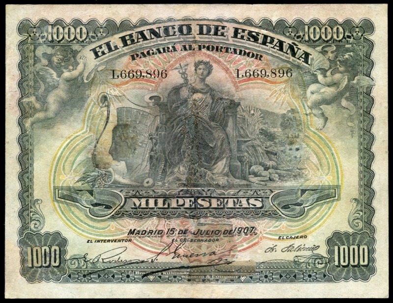 1.000 pesetas. 1907. Madrid. (Ed 2017-322). (Ed 2002-B106). 15 de julio, alegorí...