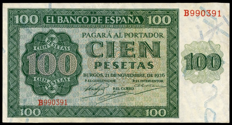 100 pesetas. 1936. Burgos. (Ed 2017-421a). (Ed 2002-D22a). 21 de noviembre, por ...