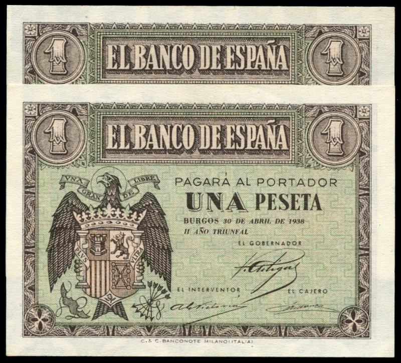 1 peseta. 1938. Burgos. (Ed 2017-427a). (Ed 2002-D28a). 30 de abril, Escudo de E...