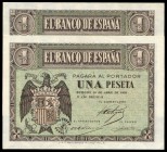 1 peseta. 1938. Burgos. (Ed 2017-427a). (Ed 2002-D28a). 30 de abril, Escudo de España. Serie E. Pareja correlativa. SC-. Est...60,00.