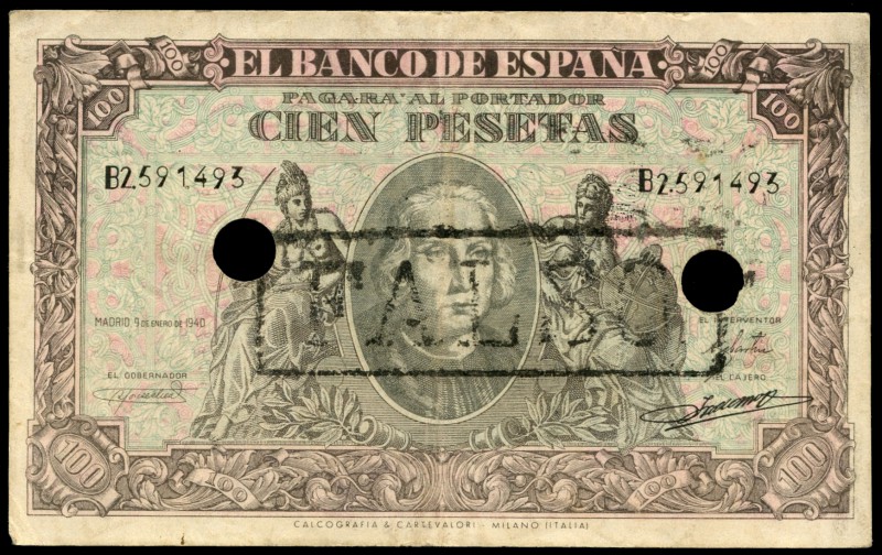 100 pesetas. 1940. Madrid. (Ed 2017-tipo 438a). (Ed 2002-D39a). 9 de enero, Cris...