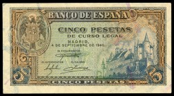 5 pesetas. 1940. Madrid. (Ed 2017-443a). (Ed 2002-D44a). 4 de septiembre, Alcázar de Segovia. Serie M. EBC. Est...60,00.