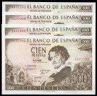 100 pesetas. 1965. Madrid. (Ed 2017-470). (Ed 2002-D71). 19 de noviembre, Gustavo Adolfo Bécquer. Sin serie. Cuatro billetes correlativos. Arrugas. SC...