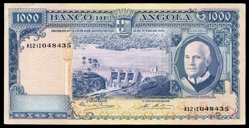Angola. 1.000 escudos. 1970. (Y-98). 10 de junio, Americo Tomás. Doblez central ...