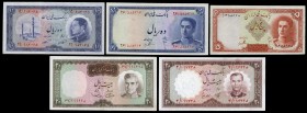 Irán. Lote de 5 billetes 5 rials (P-39), 10 rials (P-40) 1944, 10 rials 1954 (P-64), 20 rials 1958 (P-69), 20 rials 1969 (P-85). A EXAMINAR. EBC-/SC-....
