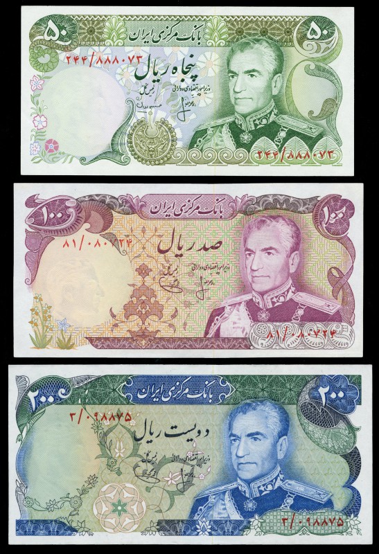 Irán. 1974. Lote de 3 billetes 50, 100 y 200 rials. A EXAMINAR. SC-/SC. Est...35...