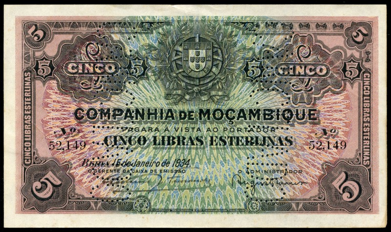 Mozambique. 5 libras. 1934. Beira. (Y-R32). 15 de enero. Arrugitas y manchitas. ...
