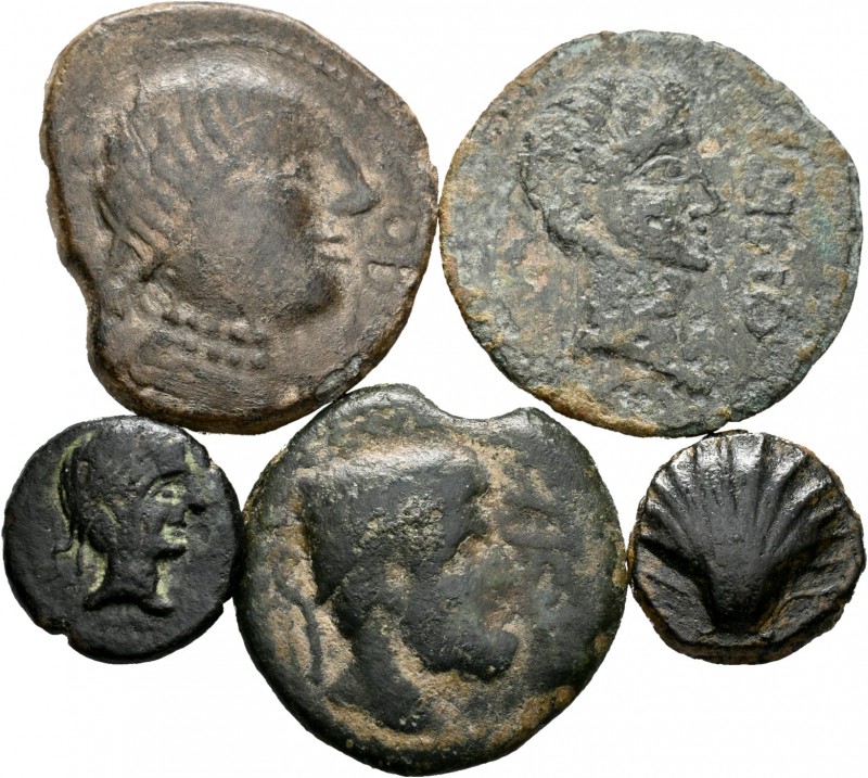 Hispania Antigua. Lote de 5 bronces ibérico diferentes, Arse, Castulo, Malaca, O...