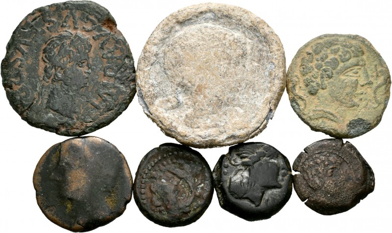Hispania Antigua. Lote de 7 piezas ibéricas diferentes, incluye un plomo monetif...