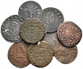Felipe IV (1621-1665). Lote de 10 monedas de 16 maravedís, Coruña (1), Granada (1), Madrid (3), Segovia (1), Sevilla (3), Valladolid (1). Incluye una ...