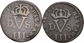 Felipe V (1700-1746). Lote de 2 monedas de 1 treseta de Valencia, 1710, 1711. N normal. A EXAMINAR. BC+/MBC-. Est...30,00.