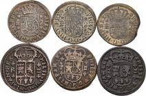 Felipe V (1700-1746). Lote de 6 monedas diferentes de 2 maravedís, que incluye la serie completa de la ceca de Segovia (1744, 1745, 1746) y 3 monedas ...