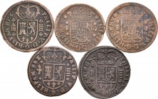 Felipe V (1700-1746). Lote de 5 monedas diferentes de 4 maravedís, Segovia (1719, 1742, 1743), Barcelona (1720) y Valencia (1719). A EXAMINAR. BC/MBC-...