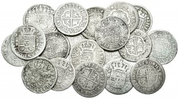 España. Lote de 19 monedas de 1 real, Felipe V Madrid 1721, 1732, 1738, 1740, 1741 y 1744, Segovia 1721 y 1727, Sevilla 1726, 1729, 1733 y 1738, Ferna...