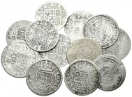 Felipe V (1700-1746). Lote de 13 monedas de 2 reales, Madrid 172_, 1723 y 1762, Segovia 1708 (agujero), 1718, 1721, 1722 y S/F visible, Sevilla 1721, ...