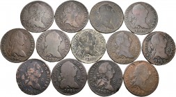 Carlos III (1759-1788). Lote de 13 monedas diferentes de 8 maravedís de Segovia, 1772, 1773, 1774, 1775, 1776, 1777, 1780, 1781, 1782, 1784, 1786, 178...