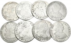 España. Lote de 8 monedas de 4 reales Carlos III, Potosí 1777 y 1781; Carlos IV Madrid 1791, 1792, México 1799, 1806, Potosí 1801 y 1808. Una con aguj...