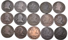 Carlos IV (1788-1808). Lote de 15 monedas diferentes de 2 maravedís de Segovia, 1788, 1789, 1790, 1793, 1794, 1796, 1797, 1798, 1799, 1801, 1802, 1803...